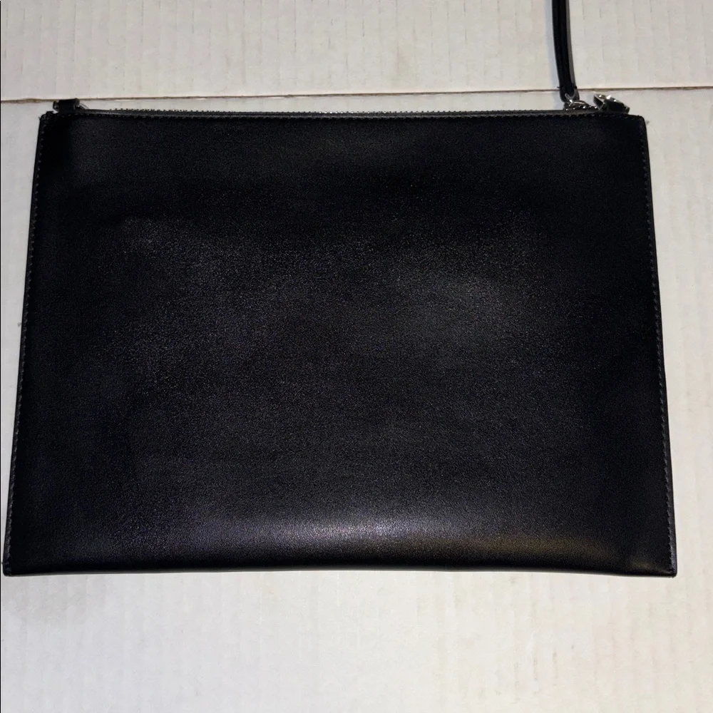 M&S COLLECTION BLACK VEGAN LEATHER CLUTCH HAS SILVER HARDWARE LOOPS FOR A CHAIN